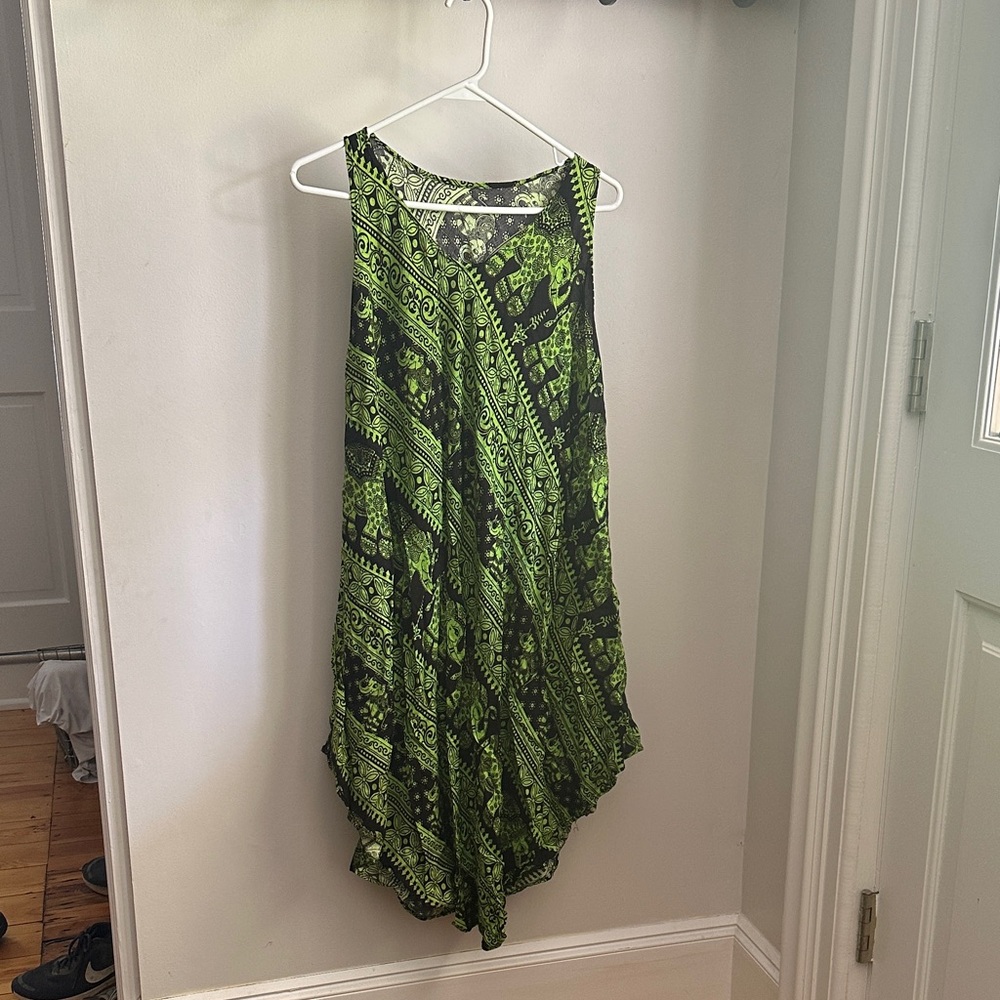 Thailand elephant print flowy Green and Black Dress, OS